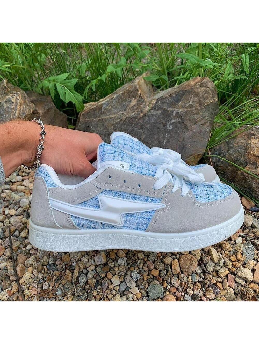 Y2k style Skater Streetwear Light Blue Plaid with White lightning bolt grey - Picture 2 of 8